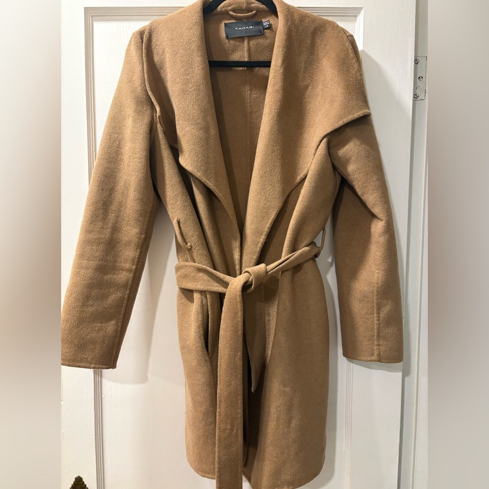 Tahari Brown Faux Wool Tan tie jacket